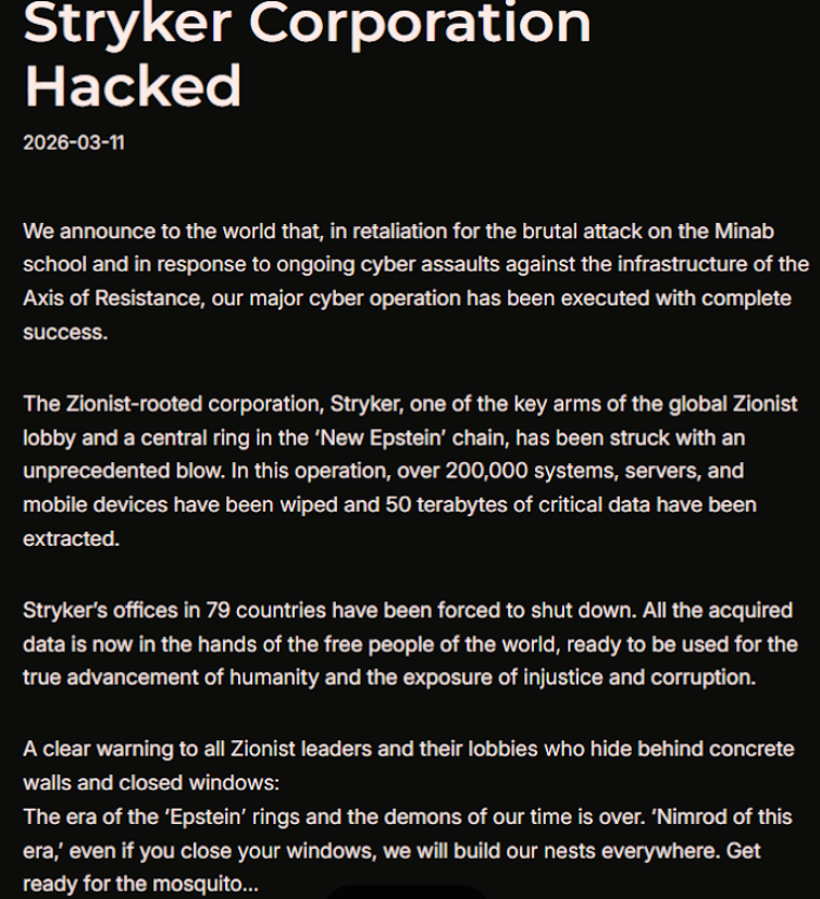 Iran-Backed Hackers Claim Wiper Attack on Medtech Firm Stryker